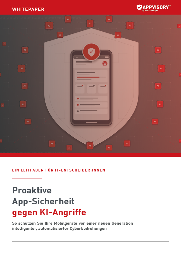 Titelbild des APPVISORY Whitepapers zum Thema "Proaktive App-Sicherheit gegen KI-Angriffe". Die Grafik zeigt ein Smartphone, das von einem digitalen Schutzschild umgeben ist, während von außen rote Symbole für künstliche Intelligenz (AI) den Schild bedrohen. Dies visualisiert den Schutz mobiler Geräte vor Cyberbedrohungen.