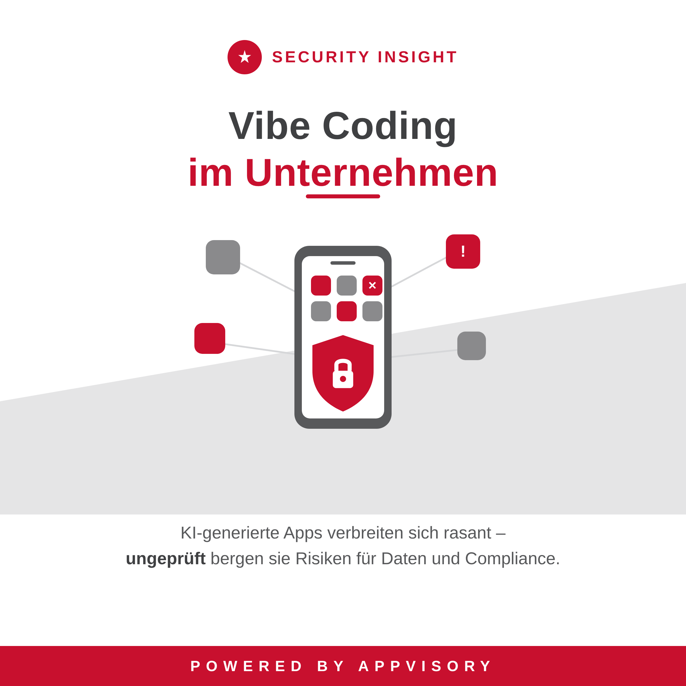 Beitragsbild ‚Vibe Coding im Unternehmen': Smartphone mit App-Icons, Warnsymbol und Schutzschild, dazu Text zu Risiken ungeprüfter KI-generierter Apps für Daten und Compliance.