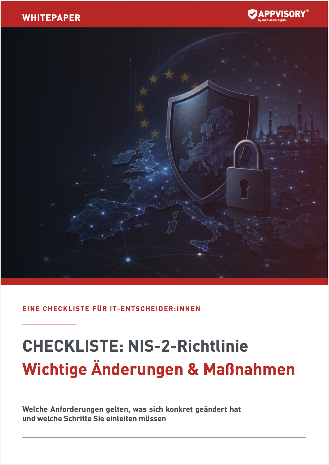 Bild 02.09.26 um 10.51 Titelbild des APPVISORY Whitepapers zum Thema "Proaktive App-Sicherheit gegen KI-Angriffe". Die Grafik zeigt ein Smartphone, das von einem digitalen Schutzschild umgeben ist, während von außen rote Symbole für künstliche Intelligenz (AI) den Schild bedrohen. Dies visualisiert den Schutz mobiler Geräte vor Cyberbedrohungen.