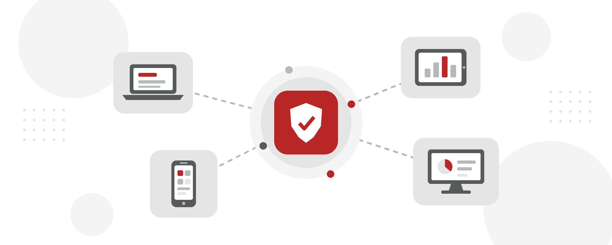 Zentrales Sicherheitssymbol, verbunden mit Laptop, Smartphone, Tablet und Desktop-Monitor: Sinnbild für die einheitliche Verwaltung aller Endgeräte mit Unified Endpoint Management (UEM).