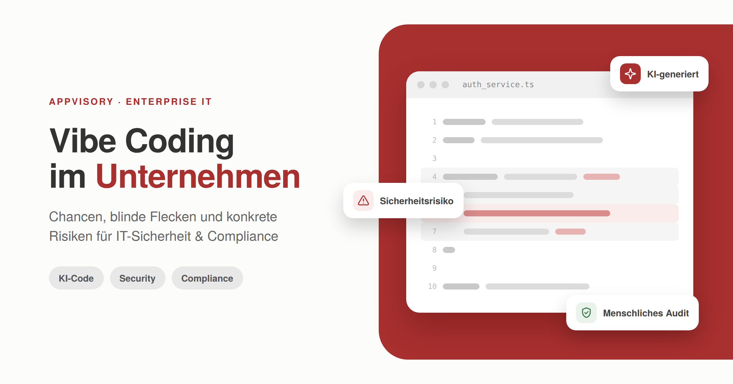 Vibe Coding im Unternehmen: Code-Editor mit KI-generiertem Code, markiertem Sicherheitsrisiko und menschlichem Audit